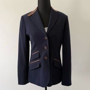 Lauren Ralph Lauren Ponte Wool Blazer Sz 4 Leather Trim Navy Coat Equestrian